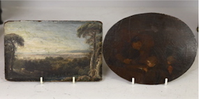 A 19th century oil on panel, Pastoral landscape, unframed, together with a Dutch oval oil on panel, three figures in an interior, largest 11 x 17.5cm